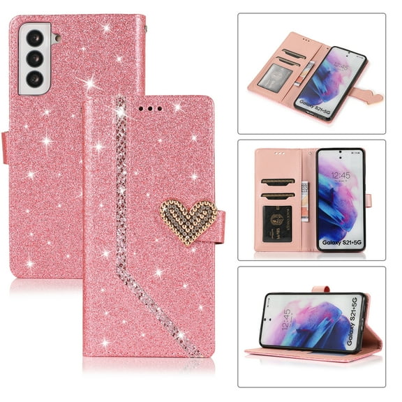 Shining Wallet Case for Samsung Galaxy S22 Plus with Card Slots Holder Kickstand Flip Folio Cover, Sparkle Bling PU Leather Diamond Heart Love Magnetic Clasp Stylish Case for Women Girls,Pink
