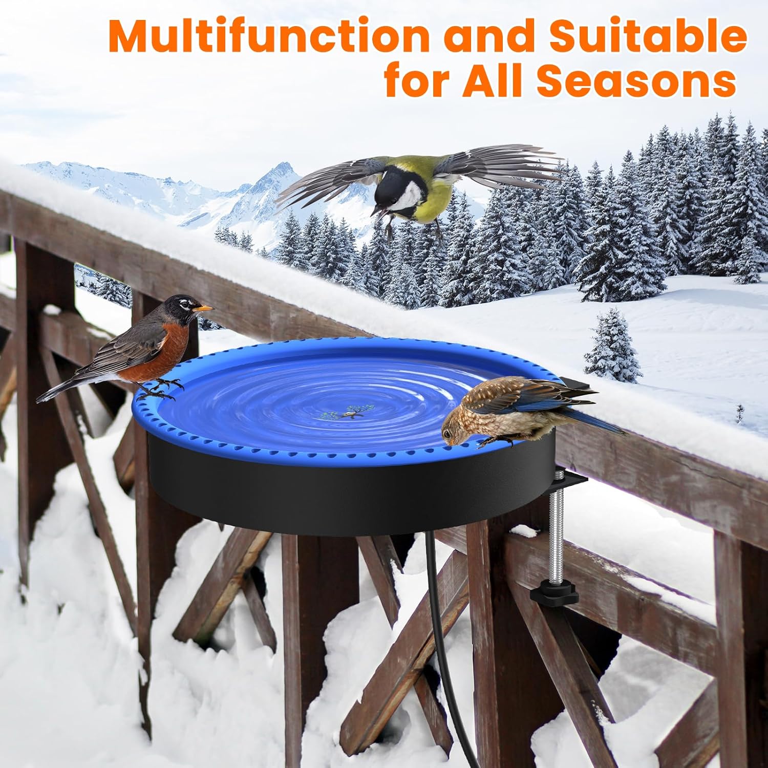 2 in 1 Heated Bird Bath for Outdoors for Winter,100W Bird Bath Heater with Thermostatically Controlled，Heated Bird Bath for Deck Railing for All Seasons Outdoor Garden Yard Patio Lawn