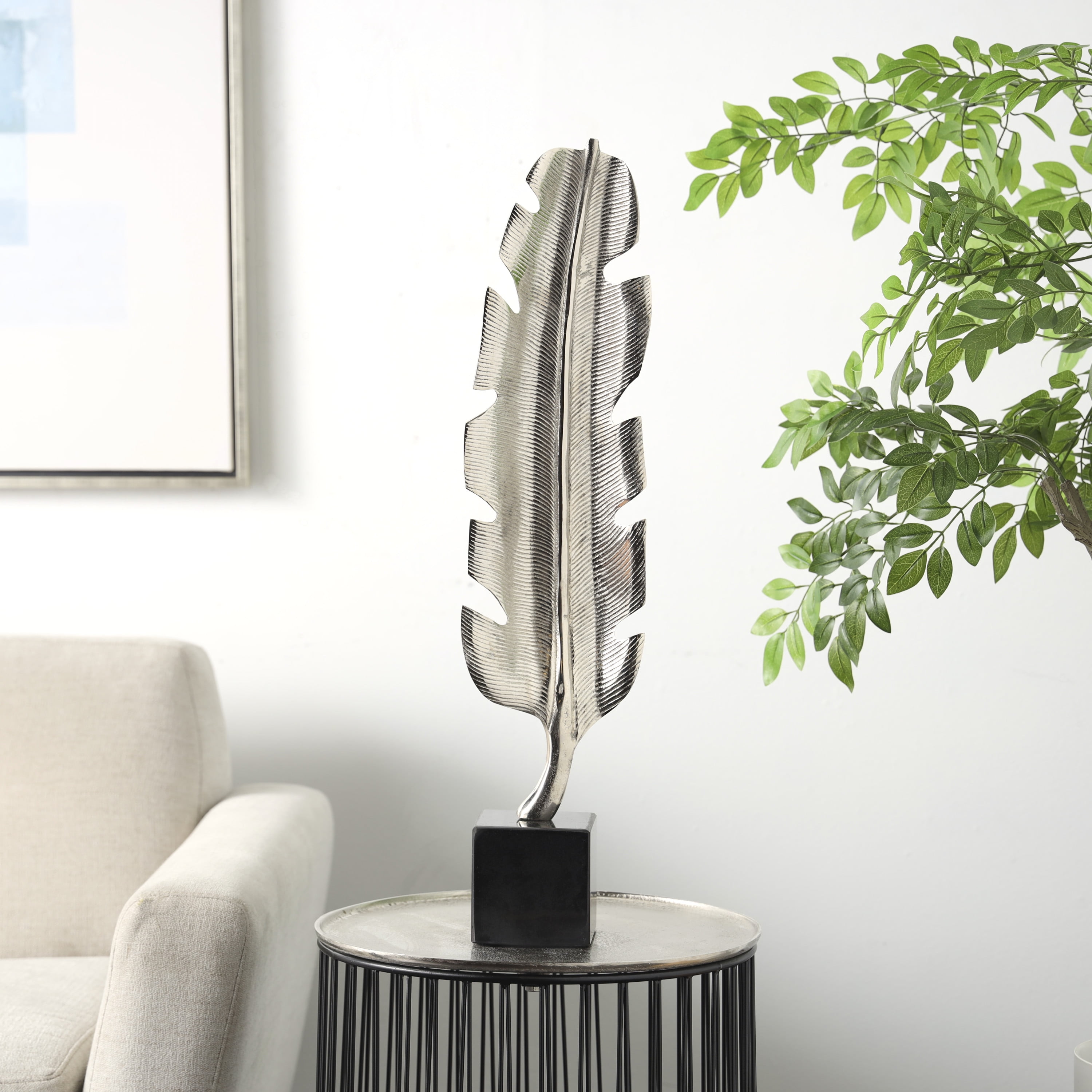 7" x 28" Silver Aluminum Feather Bird Sculpture with Black Marble Base, by CosmoLiving by Cosmopolitan
