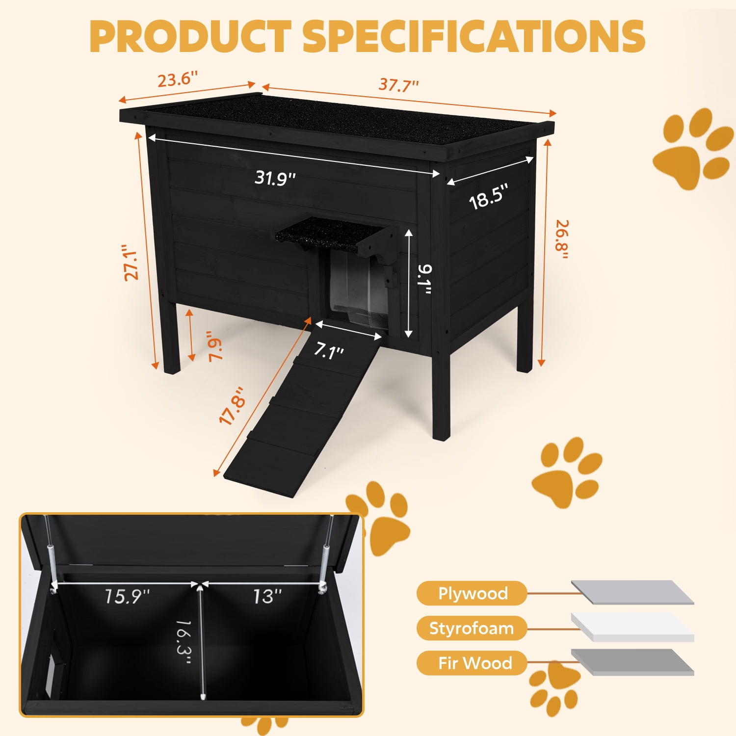 Hidpriva Insulated Wooden Outdoor Cat House, Weather-Resistant Feral Cat Shelter for Winter w/ Foldable Ladder & Visible Window, Black