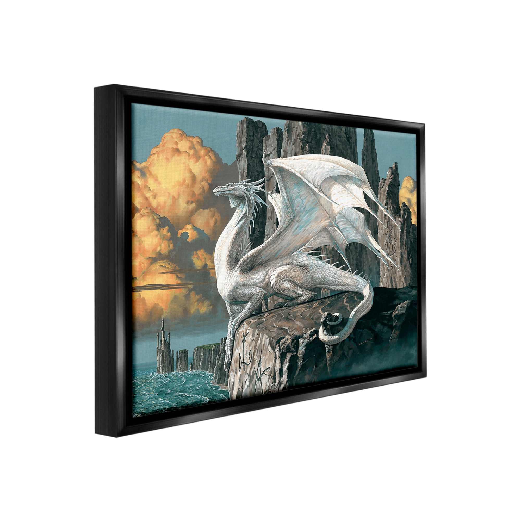 Stupell Industries Dragon Perched on Cliff Fairy Tales & Fantasy Painting Black Floater Framed Canvas Art Print Wall Art, 21 x 17