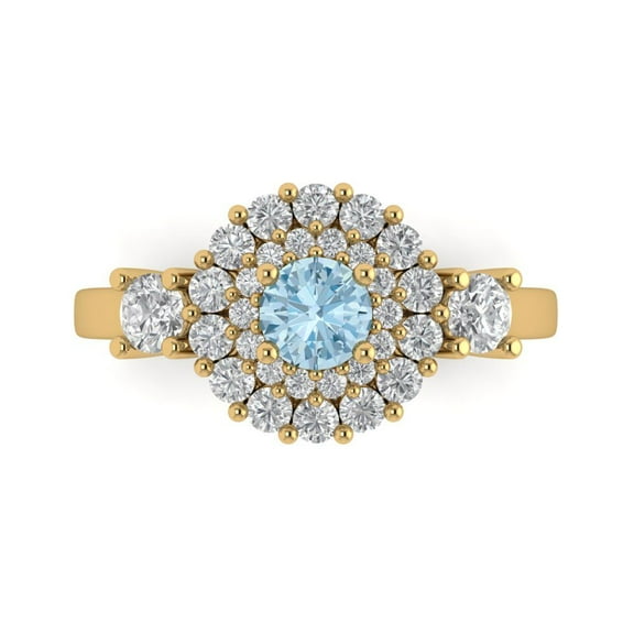 1.6ct Round Cut Blue Natural Swiss Blue Topaz 14k Yellow Gold Engraving Statement Bridal Wedding Halo Designer Ring Size 5.5