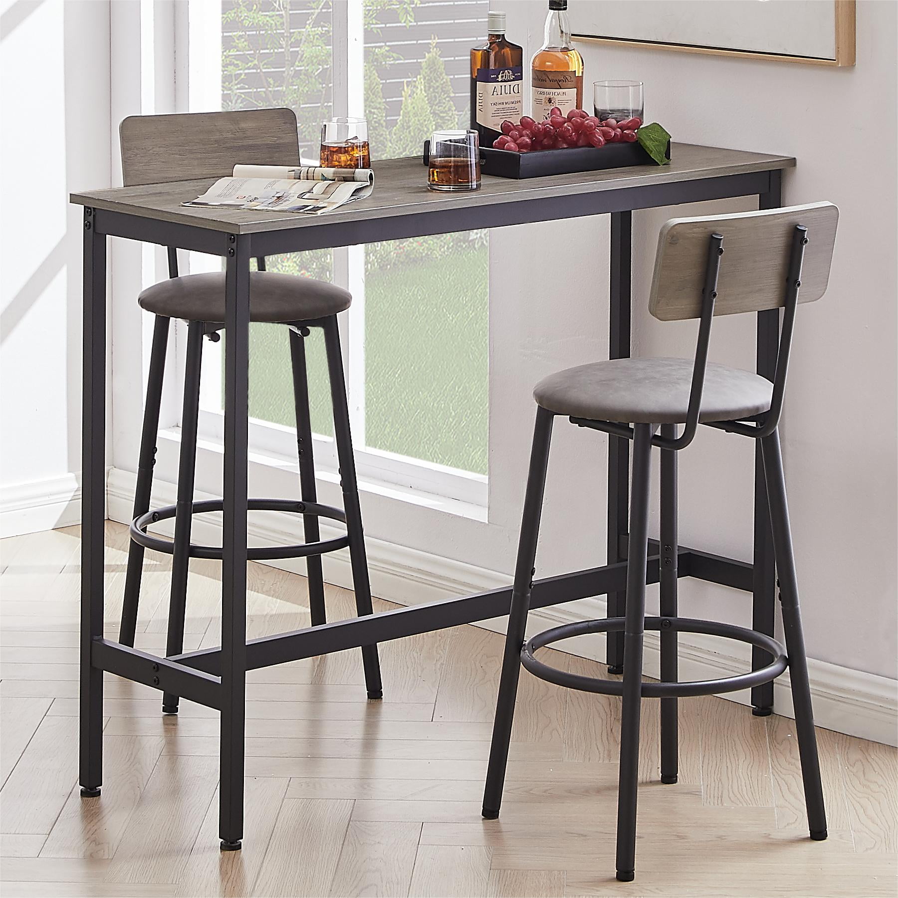 3 Pcs Bar Dining Table Set, Minimalist Style Bar Table With 2 Bar Stools PU Soft seat with Backrest Footrest for Dining Room, Kitchen,Grey,43.31"L x 15.75"W x 35.43"H