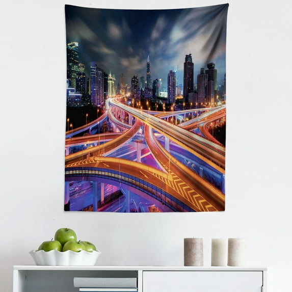 City Tapestry, Aerial Colorful Night Scenery Shanghai Downtown Skyscrapers Print, Fabric Wall Hanging Decor for Bedroom Living Room Dorm, 5 Sizes, Violet Dark Grey and Cinnamon, by Ambesonne