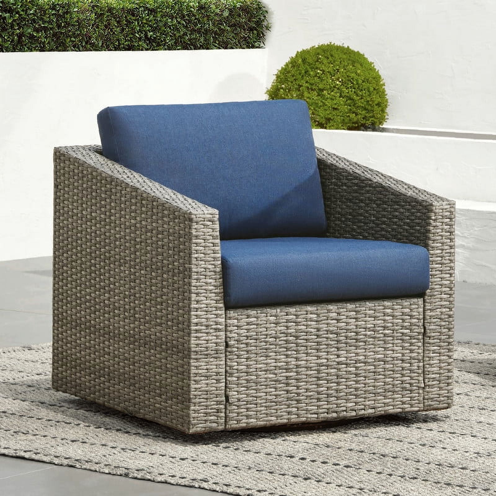 CHITA 2-Piece Outdoor Swivel Gray Wicker Chair with Cushion, Blue