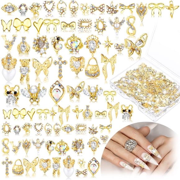 Abalorio para uñas Lounsweer con forma de corona de metal dorado con forma de corazón y mariposa, 100 unidades