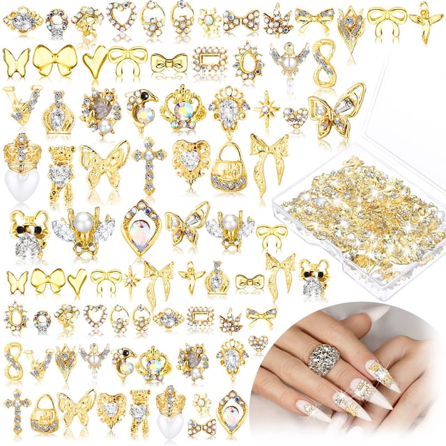 Abalorio para uñas Lounsweer con forma de corona de metal dorado con forma de corazón y mariposa, 100 unidades