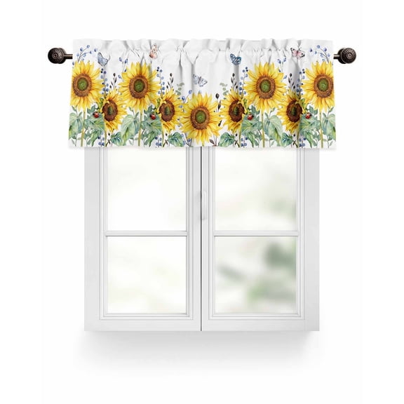 Yellow Farmhouse Sunflower Kitchen Valances for Windows Country Butterfly Leaf Valance Curtains  for Kitchen /Living Room/Bedroom/ Bathroom Decor, 54"x18 " ,Rod Pocket 1 Panel, White