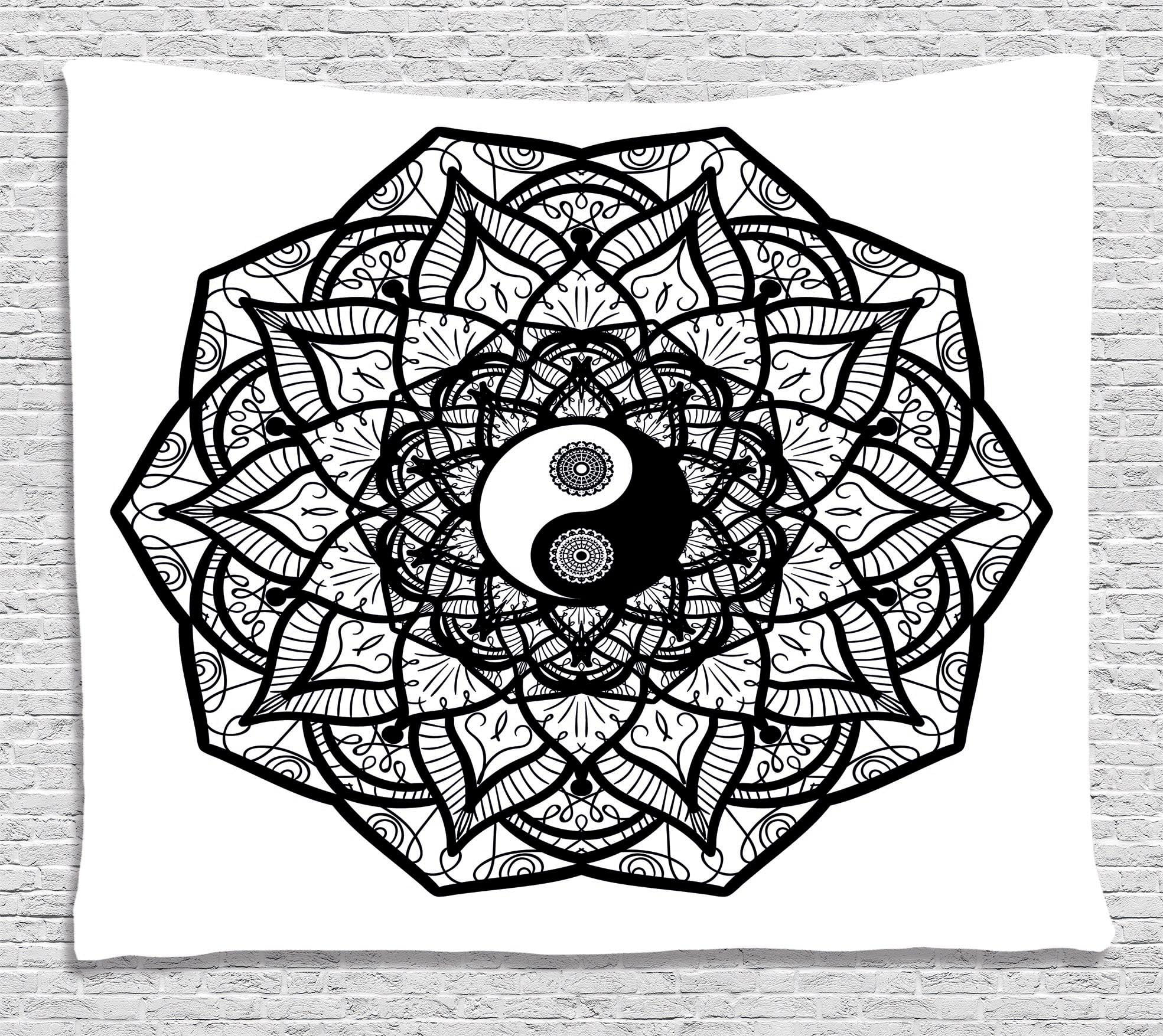 Ying Yang Decor Tapestry, Floral Boho Mandala Graphic Yin Yang Curves
