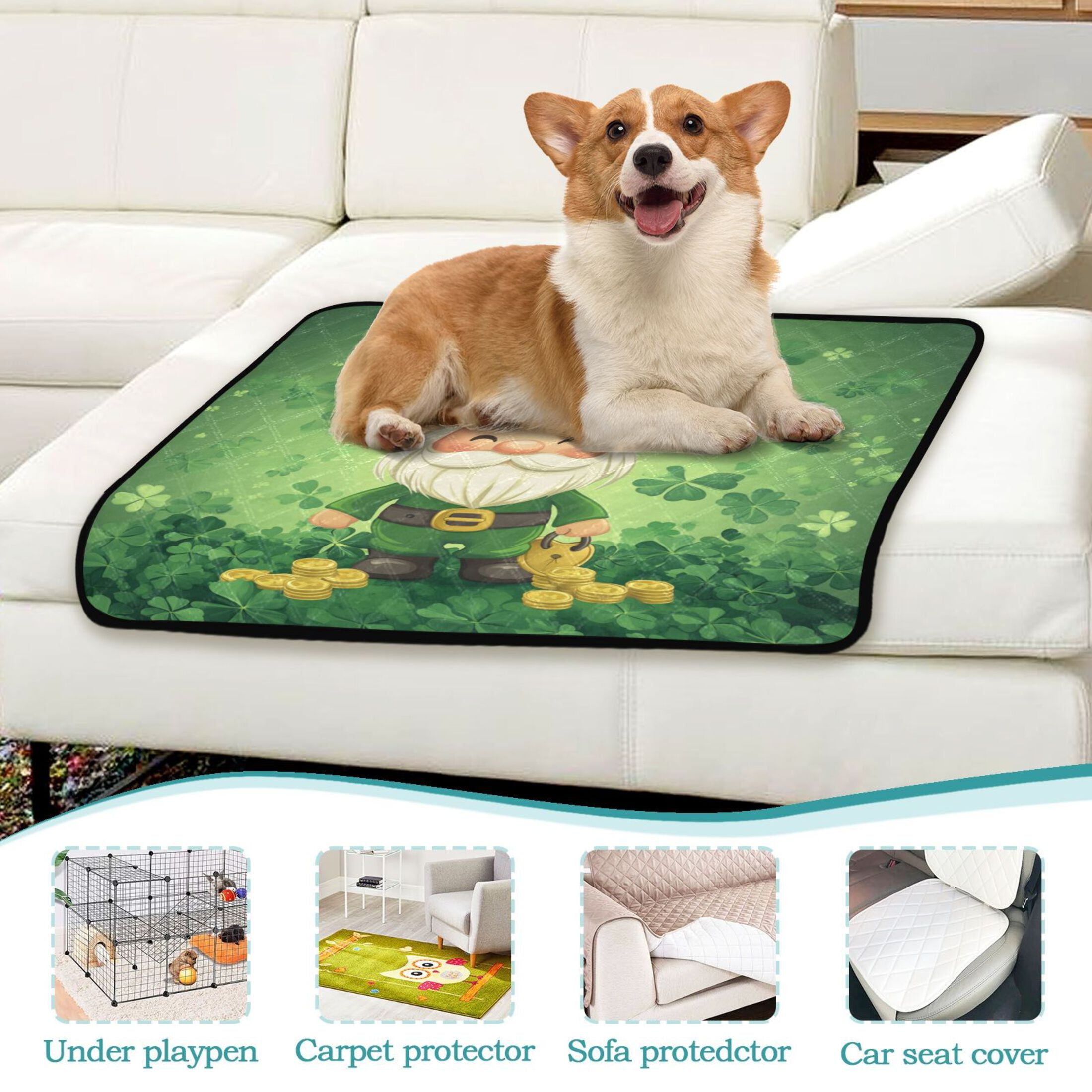 Qxltty St Patricks Gnome Cat litter Pads Pet Set of 3 Diaper Mats Center Anti-leakage Layer Absorbent Soft and Comfortable