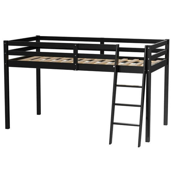 Ktaxon Junior Low Loft Bed with Stairs, Twin Wood Bunk Bed Frame for Adults, Kids and Young Teens, No Box Spring Required, Black