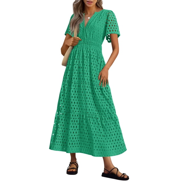 Vestido largo PRETTYGARDEN para mujer 2025 con cuello en V y ojales, verde