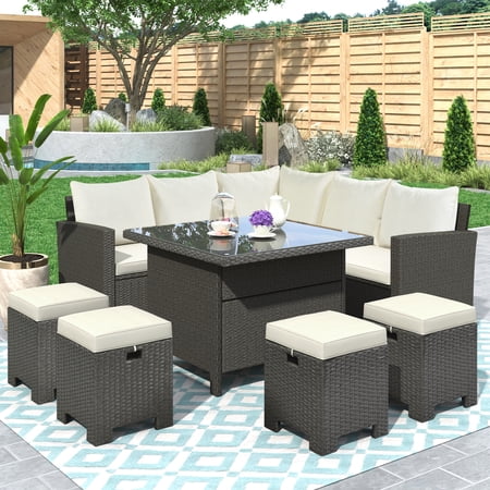 8 Piece Outdoor Conversation Furniture Set, Patio Sectional Sofa Set with Gray Rattan,Steel Frame , Versatile Piece of Outdoor Furniture Coffee Table with Hidden Storage, Beige Cushions