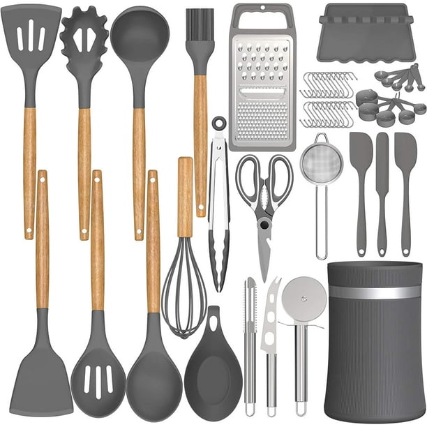 Silicone Cooking Utensils Kitchen Utensil Set Aikkil 32pcs Non Stick Kitchen Cooking Utensil Spatula Set With Holder Heat Resistant Wooden Handle Kitchen Gadgets Tools Set Grey Walmart Com Walmart Com