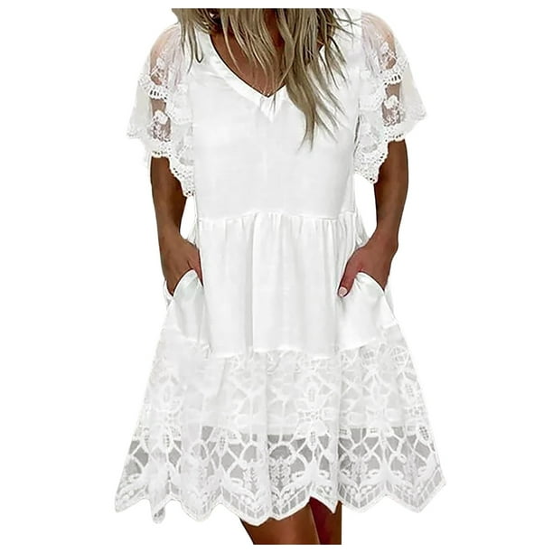 Vestido informal de manga corta liso para mujer: cuello en V con encaje, volantes y corte holgado para primavera/verano.