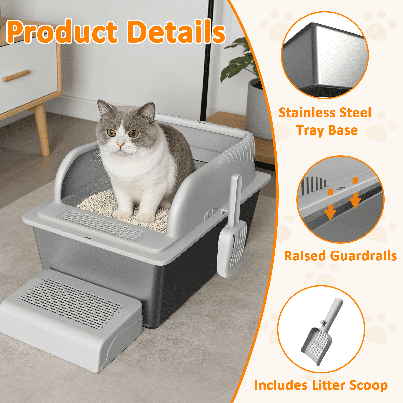 Stainless Steel Cat Litter Box with High Side, Extra Large Litter Box with Lid for Big Cats, Non-Stick Litter Pan with Scoop and Footboard, XL, Gray