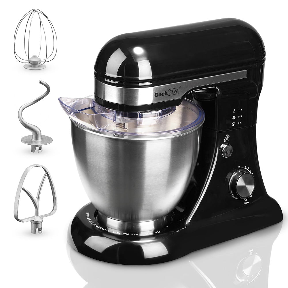 Whisk and Dough Hook Die-cast Tilt Head Geek Chef Mini 4-in-1 Stand Mixer: Multi-function 2.6 Quart Stainless Steel Bowl Black Includes Pouring Shield 7 Speeds with pulse Beater 