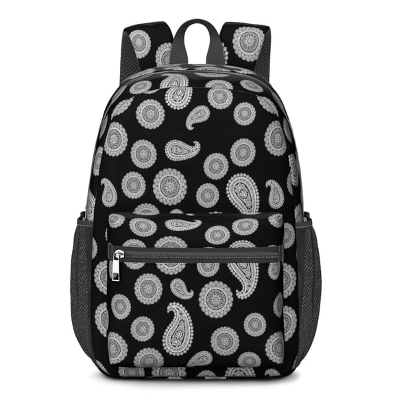 Paisley and Floral Black Pattern 17" Waterproof Oxford School Backpacks for Teens, S-Shape Padded Straps, for School, Travel, Hiking, Camping