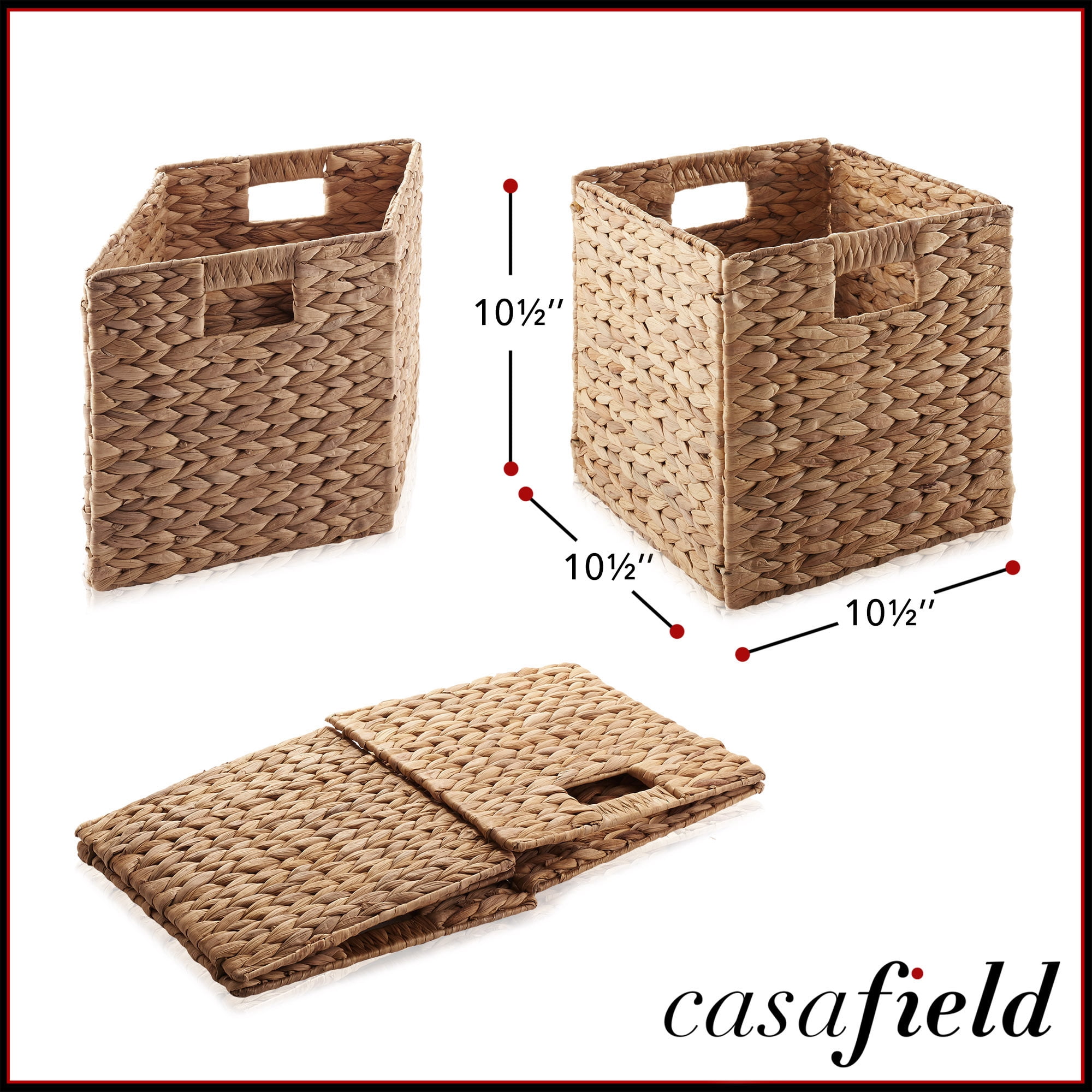 Casafield 10.5" x 10.5" Water Hyacinth Storage Baskets, Cinnamon, Set of 4 Collapsible Cubes, Handwoven Organizer BIns for Bathroom, Bedroom, Laundry