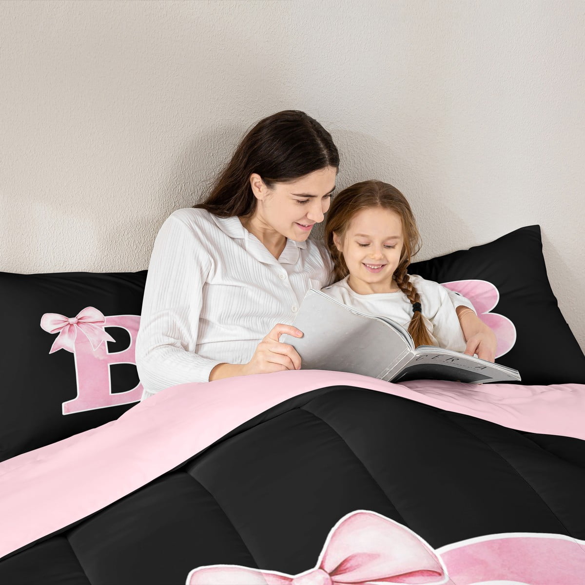 Manfei Personalized Initial B Bedding Comforter Set for Girls, Pink Bow Tie Twin Comforter Sets, Watercolor Monogrammed Bedding Set, Breathable Room Decor, Reversible 2pcs