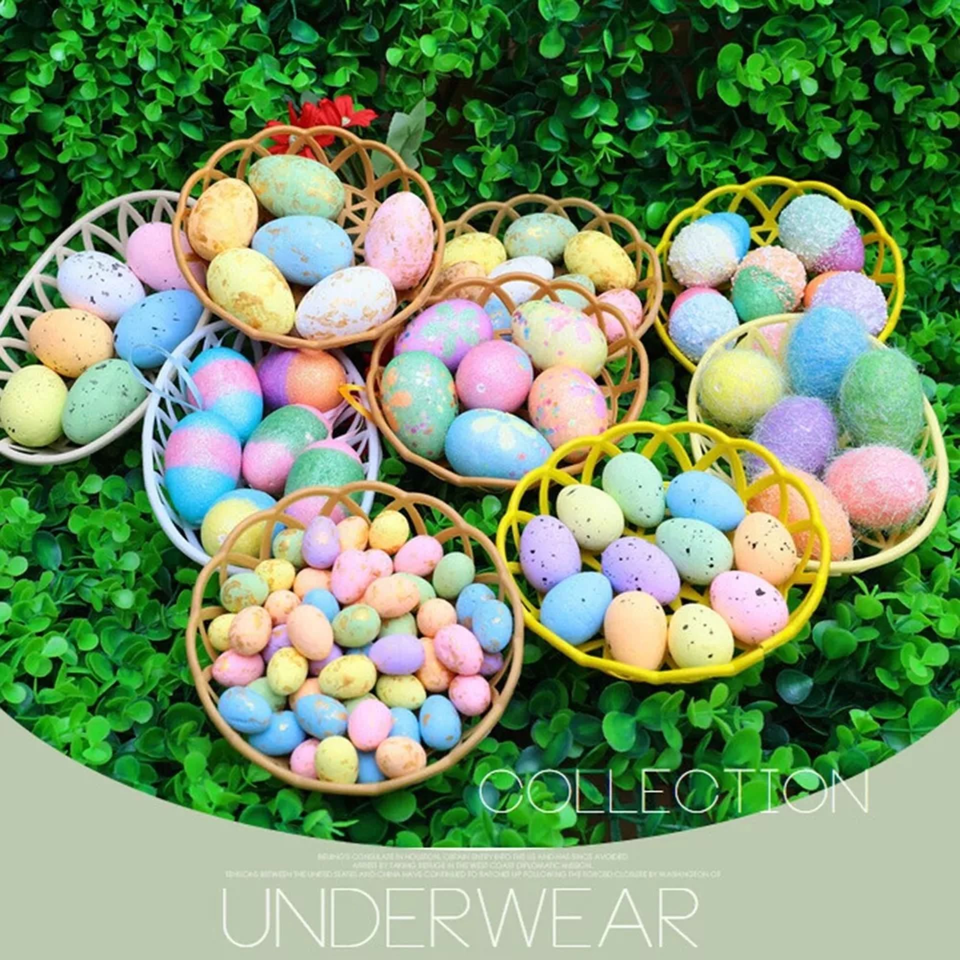 50Pcs Artificial Easter Eggs Colorful Foam Eggs Ornaments With Basket Home Decor