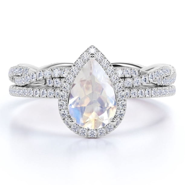 JeenMata Juego de Pavé de 2 Puntas - Corte Marquesa 1,25 Ct - Filigrana Milgrain Art Déco - Anillo de Compromiso Solitario - Juego de Anillo Nupcial Trío - Baño Oro Blanco 18K sobre Plata