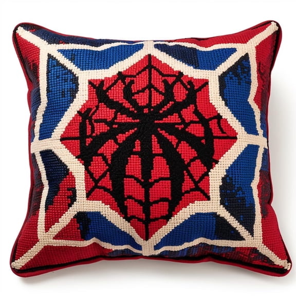 DIY Latch Hook Kits Pillow Blue and Red Spider Web Crochet Yarn Cushion Pre-Printed Rug Needlework Pillowcase Hook and Latch Kit for Christmas Home Sofa Decoration 43x43cm