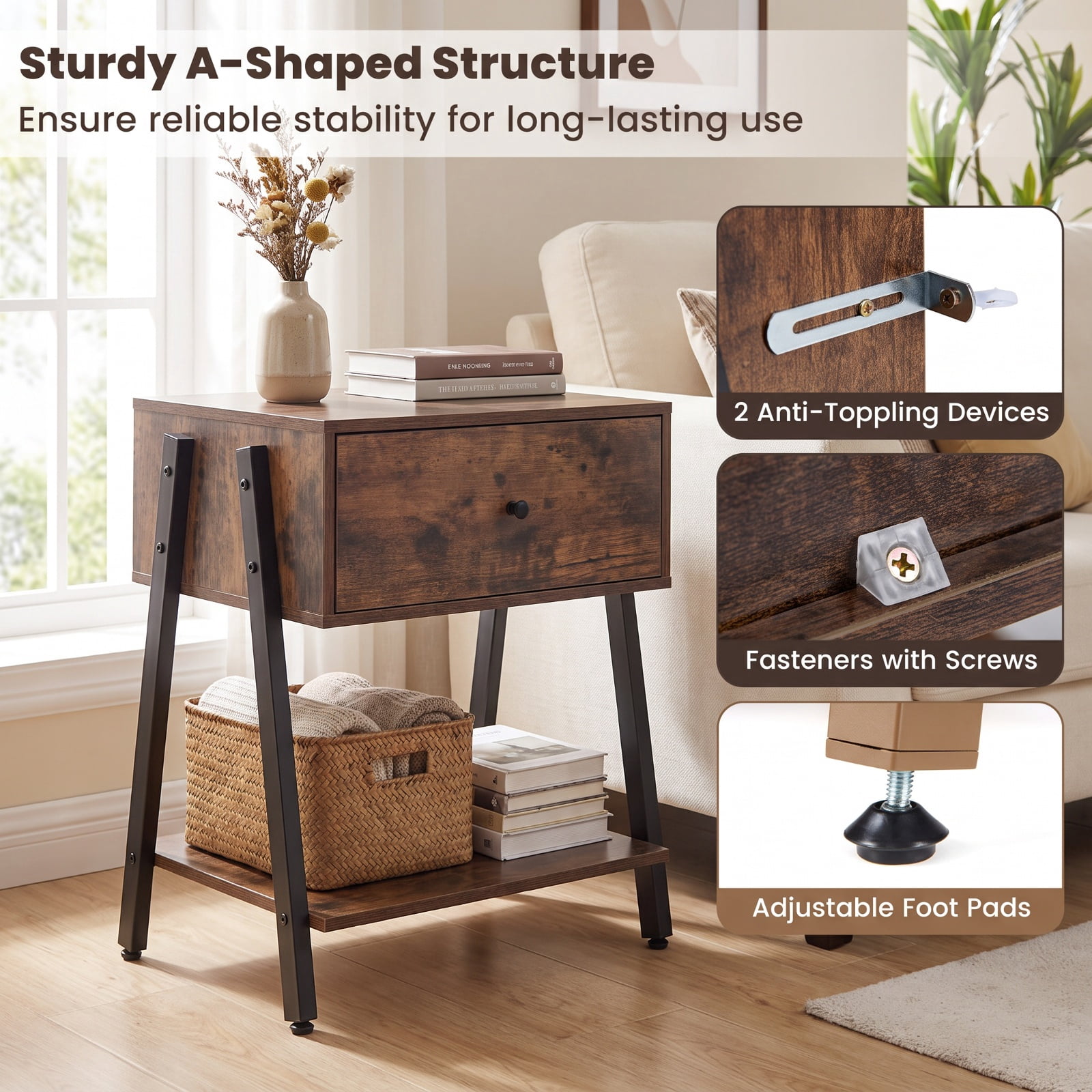 Furnibear Set of 2 Industrial Nightstand with Adjustable Foot Pads for Bedroom for Bedroom Living Room Bedside Sofa Side Small Space, Rustic Brown