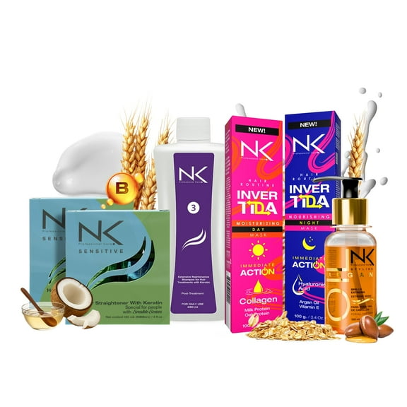 NK Sensitive Hair Straightening Treatment, Vegan, Formaldehyde Free. Kit Steps 1,2,3,4,5 Sensitive Keratin, post-treatment shampoo, Collagen & Hyaluronic Acid Hair Mask and Styling Argan Oil. (8oz)