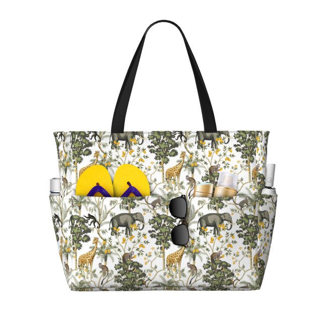 Disketp Vintage Animals Palm Tree Bolsa de Playa de Gran Capacidad, Bolso Impermeable y a Prueba de Arena para Mujer, Ideal para Playa, Piscina y Natación