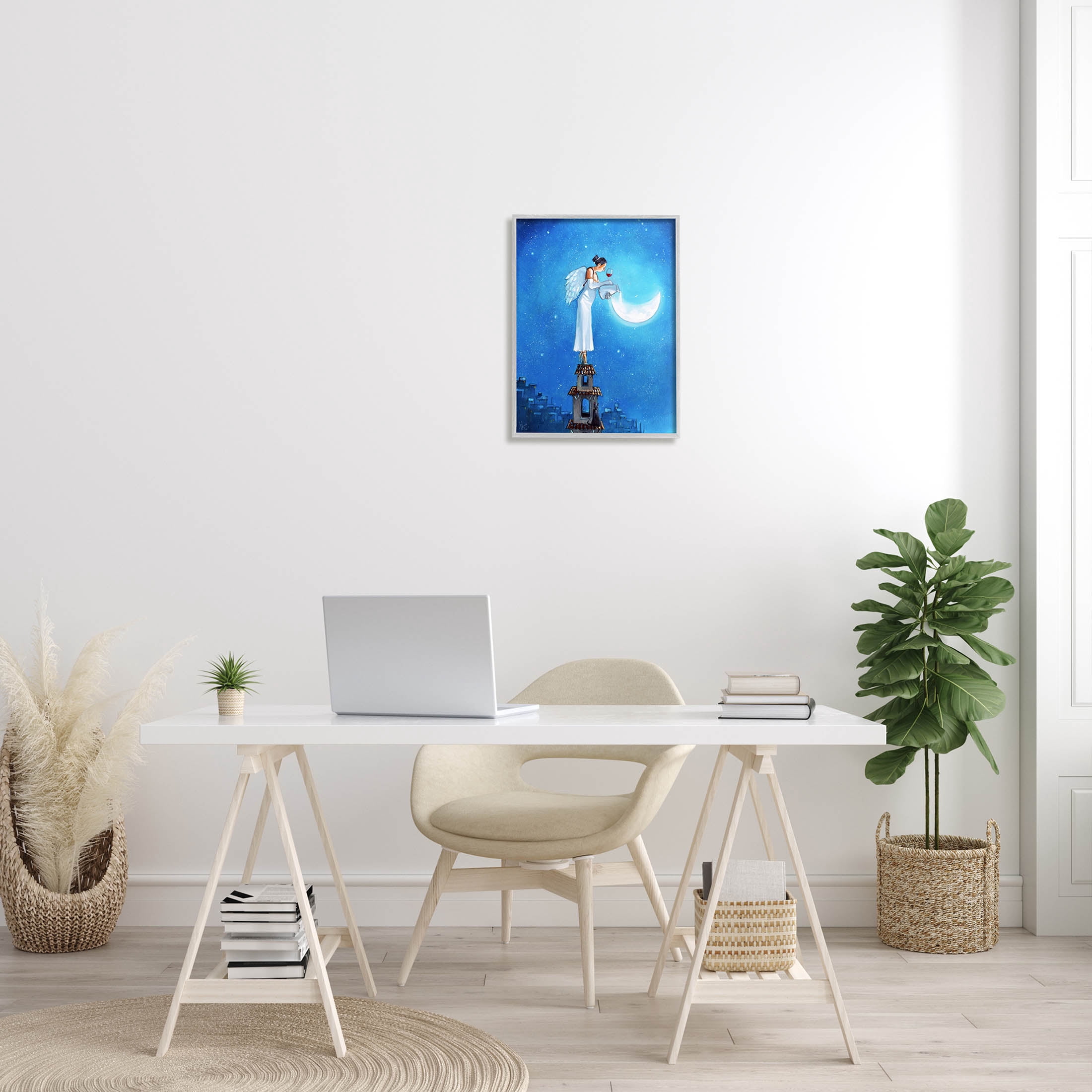 Angel Pouring Moon Cityscape Landscape Painting Gray Framed Art Print Wall Art