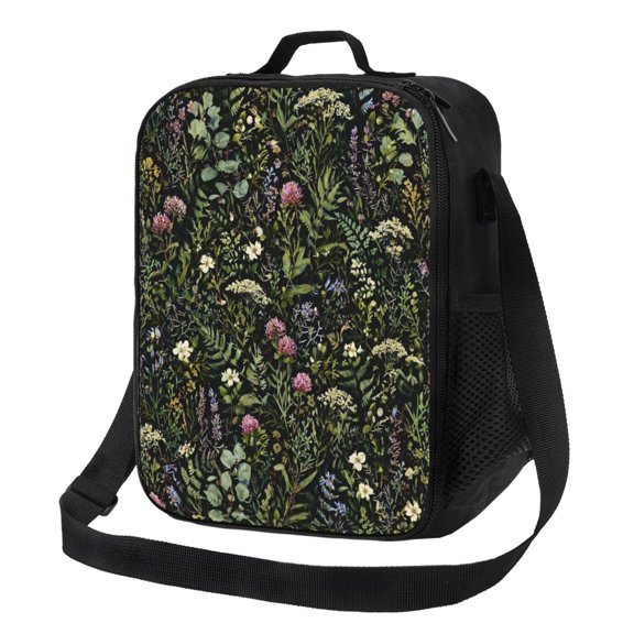 Dark Botanical Wildflower Lunch Bag Insulated Thermal Lunch Box with Shoulder Strap & Handle for Women and Men