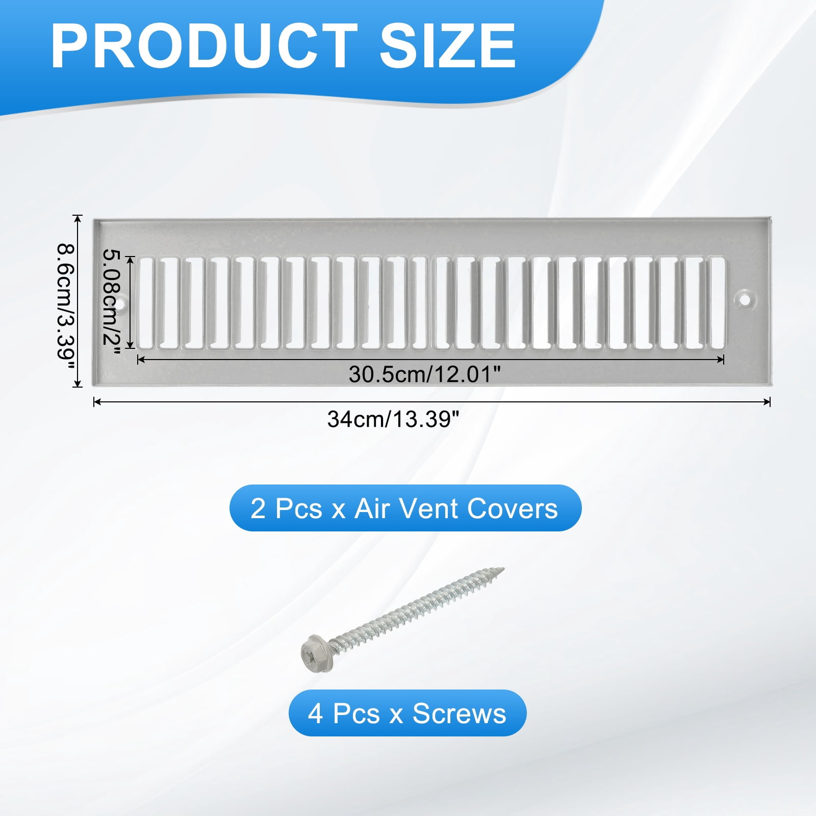 2" x 12" Duct Opening Vent Cover, 2 Pcs Toe Kick Vent Cover HVAC for Wall Floor, Gray-Outer Size: 3.4" x 13.4"