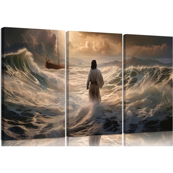 3Pcs Jesus Walking On Water Canvas Wall Art Christian Bible Stories Painting Picture Wall Decor Religious Spirit Faith Poster Print Artwork For Living Room Bedroom Church（Only canvas）