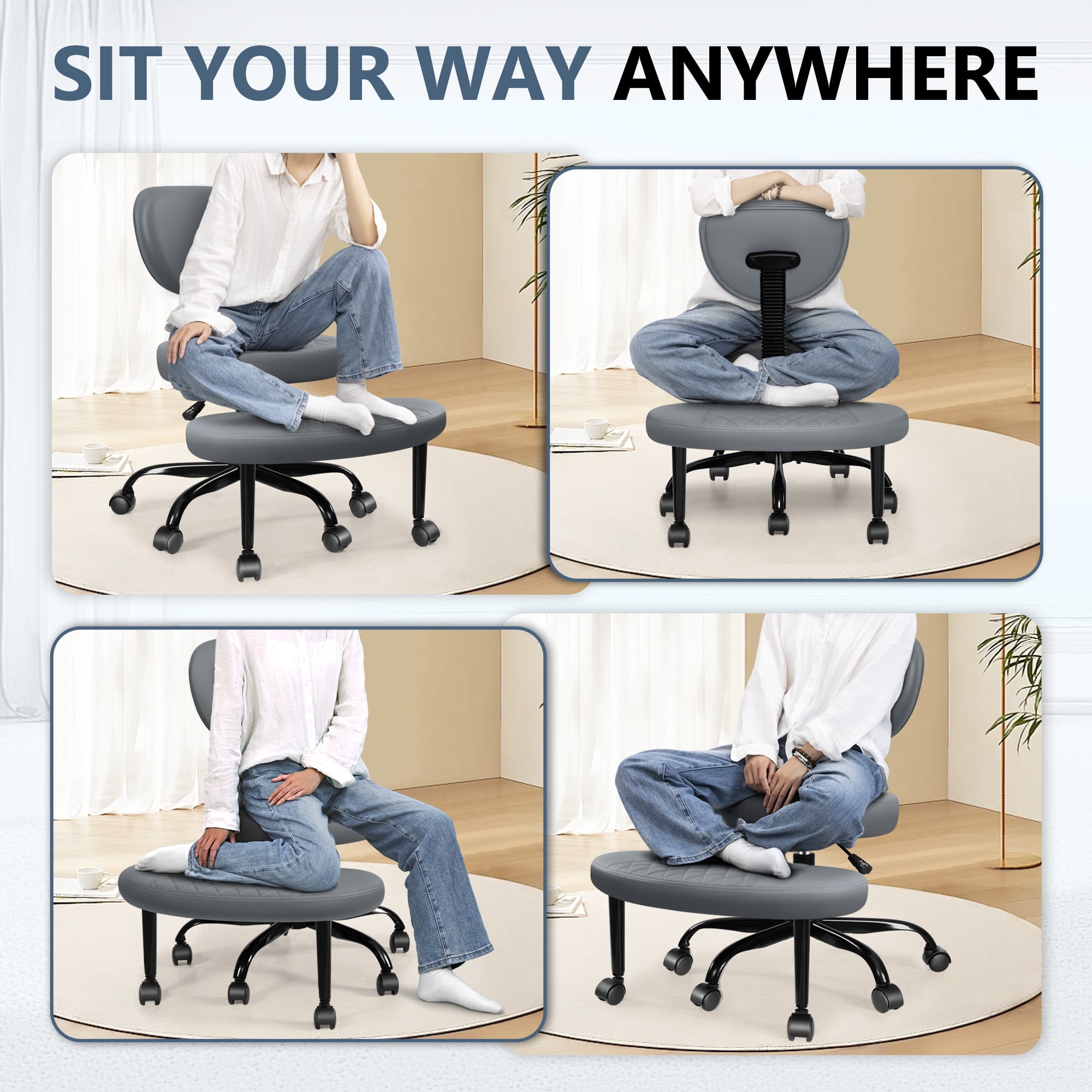 Primy Ergonomic Cross Legged Office Chair, ADHD Meditation Yoga Chair with Back Support, Adjustable Height Kneeling Chair for Adults with Wide Seat