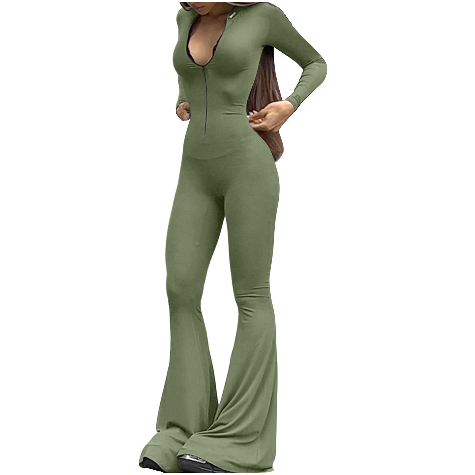 Women's Long Sleeve Jumpsuit, V Neck Bodysuit Romper with Zip