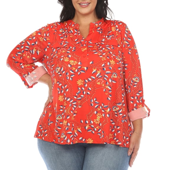 White Mark Women's Plus Size Floral Button Front Tunic Top