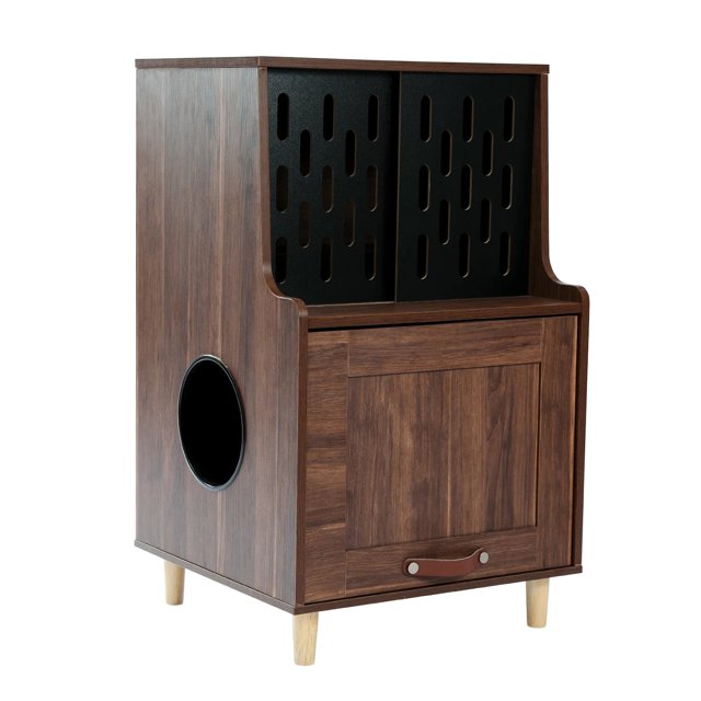 Cat Litter Box Enclosure Cat House Side Table with Divider Cats Furniture Cabinet Sliding Door Pet Supply Storage Room Indoor ShopWise Round