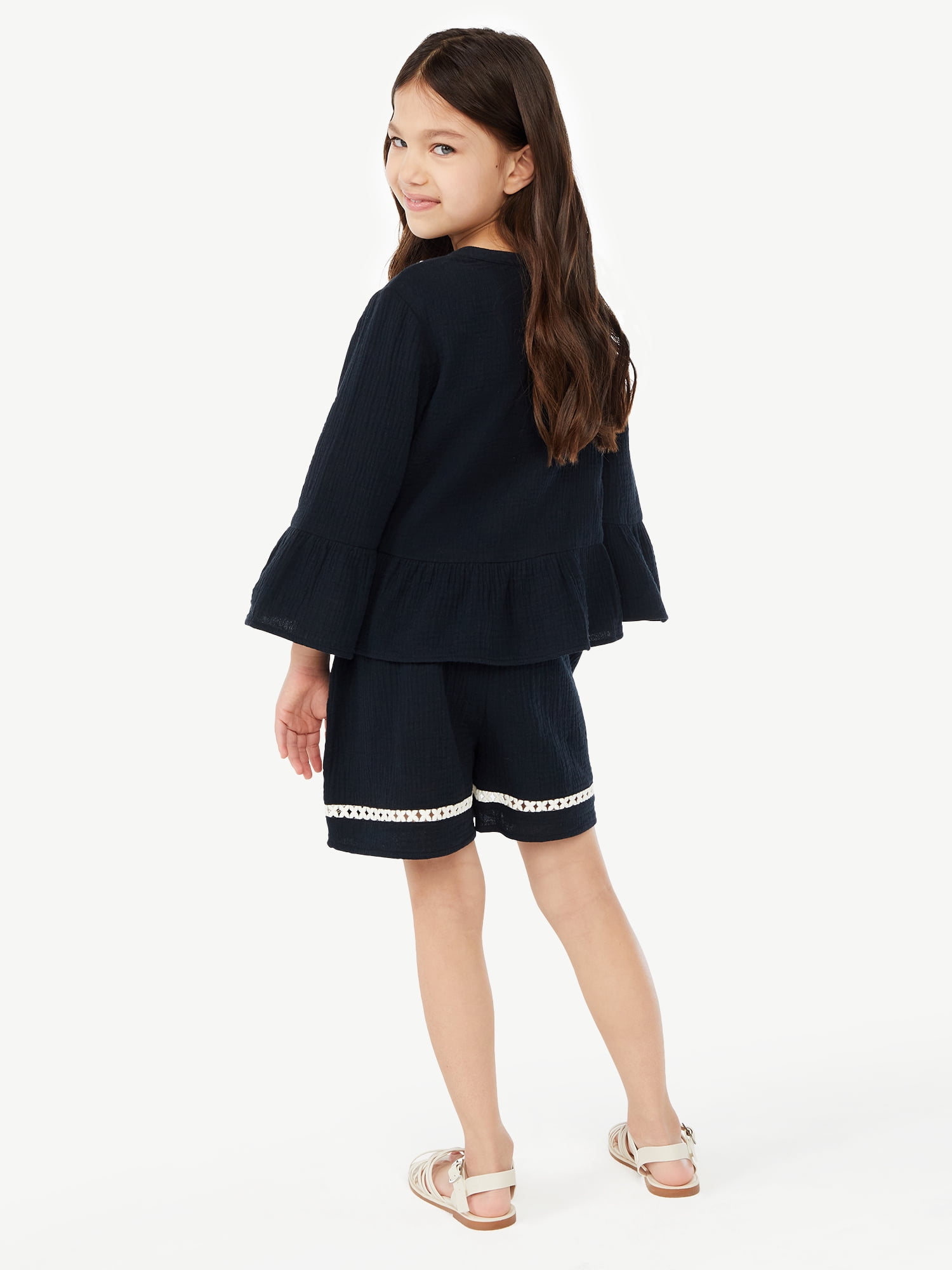 Scoop Girls Lace Trim Peplum Top and Matching Shorts, 2-Piece Outfit Set, Sizes 4-12