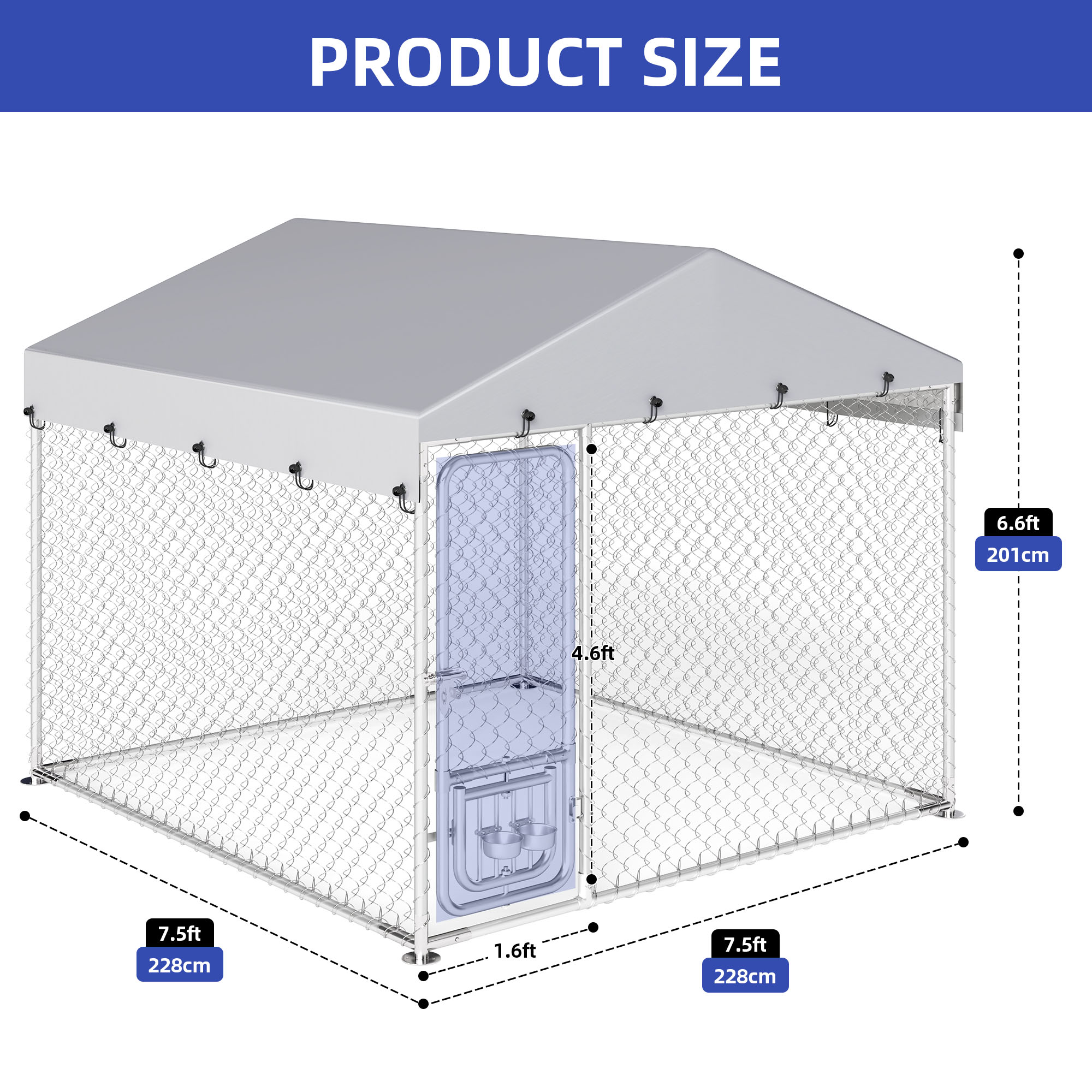 ModFusion 7.5' x 7.5' Large Outdoor Metal Dog Kennel with Weatherproof Canopy, Secure Lock & Adjustable Pet Feeding Bowls – Perfect for Pets
