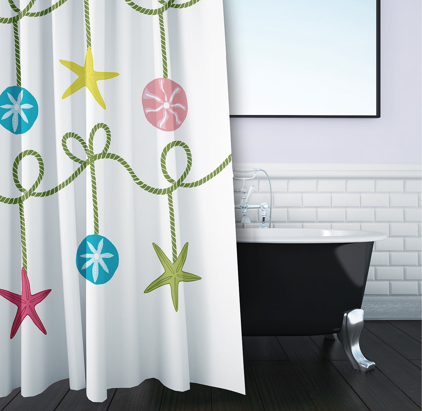 Simply Daisy 70" W x 73" L Sea Ornaments Polyester Shower Curtain, Green [1 Ct]