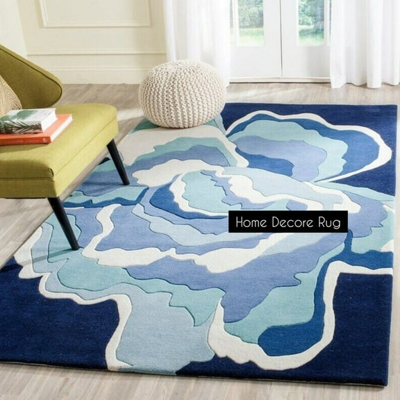 Hand-Tufted Ocean-Inspired Area Rug – 5x8 – Blue & White Waves Design