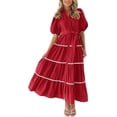 thumbnail image 1 of ZHAOCHENG Vestido camisero de verano para mujer, con botones, mangas cortas abullonadas, volantes escalonados, vestidos largos holgados, 1 of 3