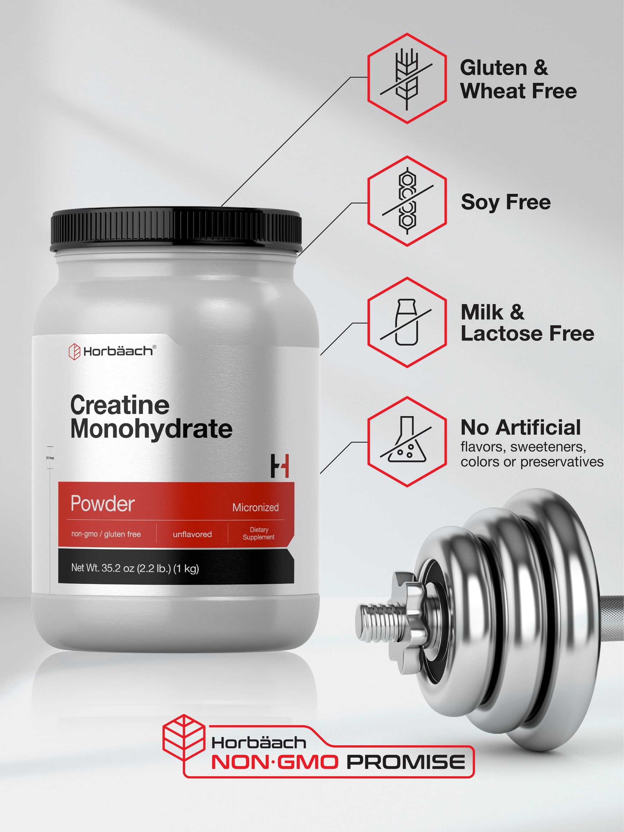 Creatine Monohydrate Powder | 2.2lbs (35.2 oz) | Unflavored Supplement for Men and Women | by Horbaach