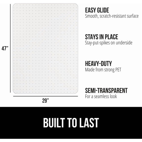 Slip Resistant Office Chair Mat for Carpet, Heavy Duty Plastic Floor Protector, 29x47 Clear