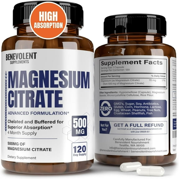 Benevolent Nourishment 500mg Magnesium Citrate Capsules with High Absorption, 120 Count