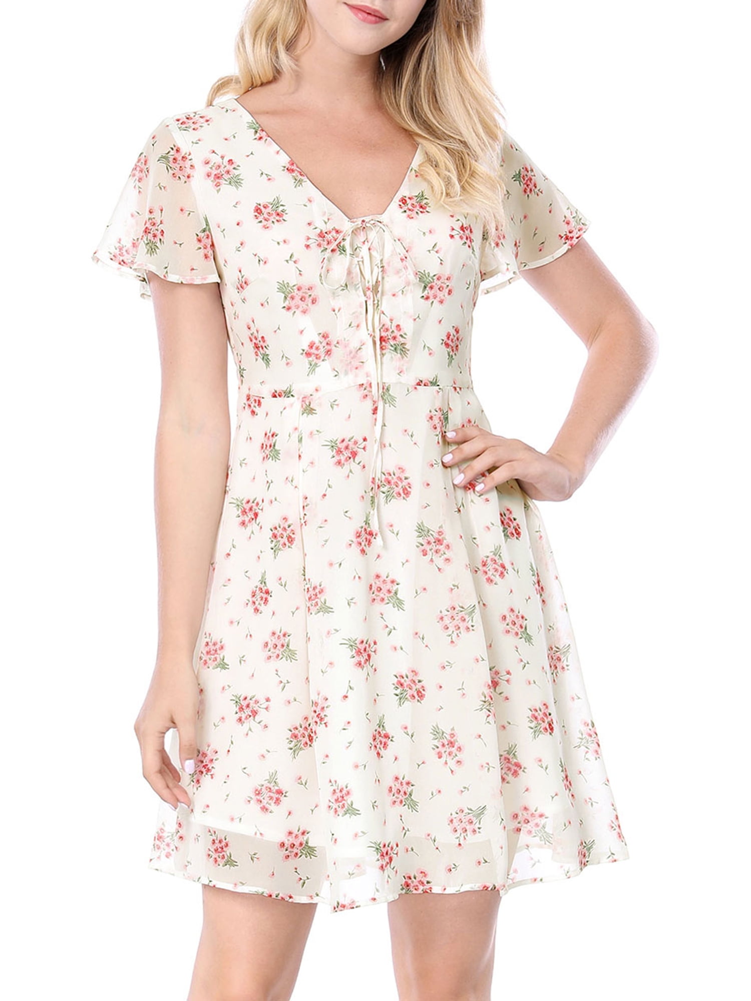DARING DIVA Floral Flouncing Sleeve V Neck A-Line Chiffon Dress  S White