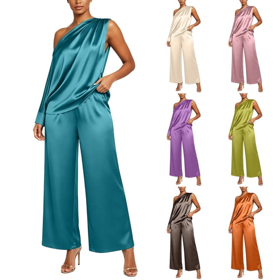 Womens Satin Two Piece Set Asymmetrical One Shoulder Top High Waist Wide Leg Pants Elegant Party Outfit Sky Blue XL(XL)
