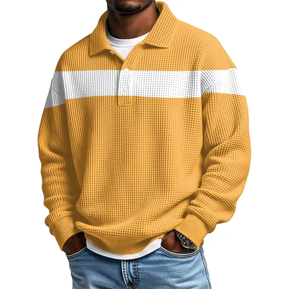Textured Rugby Polo Shirt for Men Long Sleeve Waffle Knit Color Blocked Striped Loose fit Casual Henley Pullover Top Winter 2026 Yellow S