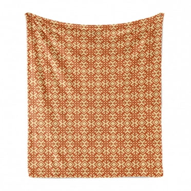 Art Deco Soft Flannel Fleece Throw Blanket, Vintage Pattern with Geometric Elements Rhombuses and Lines Graphic, Cozy Plush for Indoor and Outdoor Use, 70" x 90", Beige and Burnt Orange, by Ambesonne